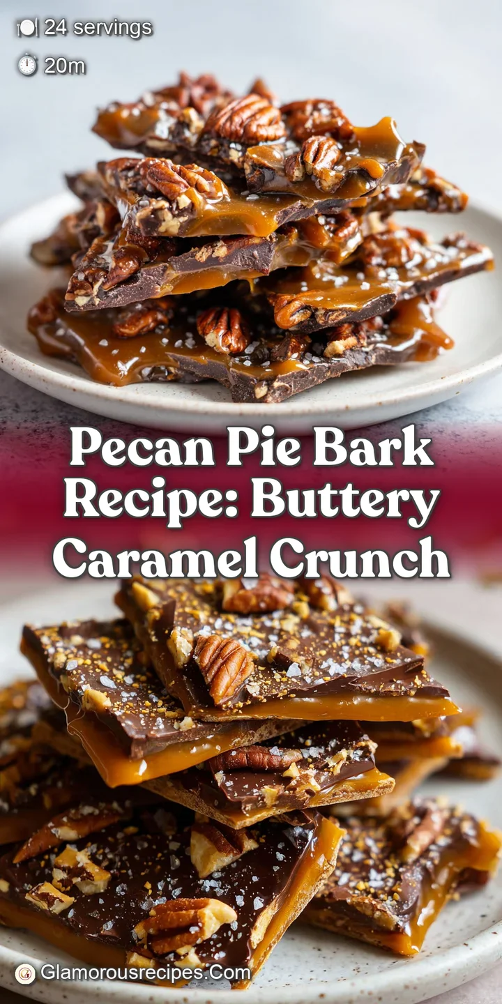 Close-up of glossy chocolate bark studded with crunchy pecans. Irregular edges with warm, inviting tones of brown and amber.