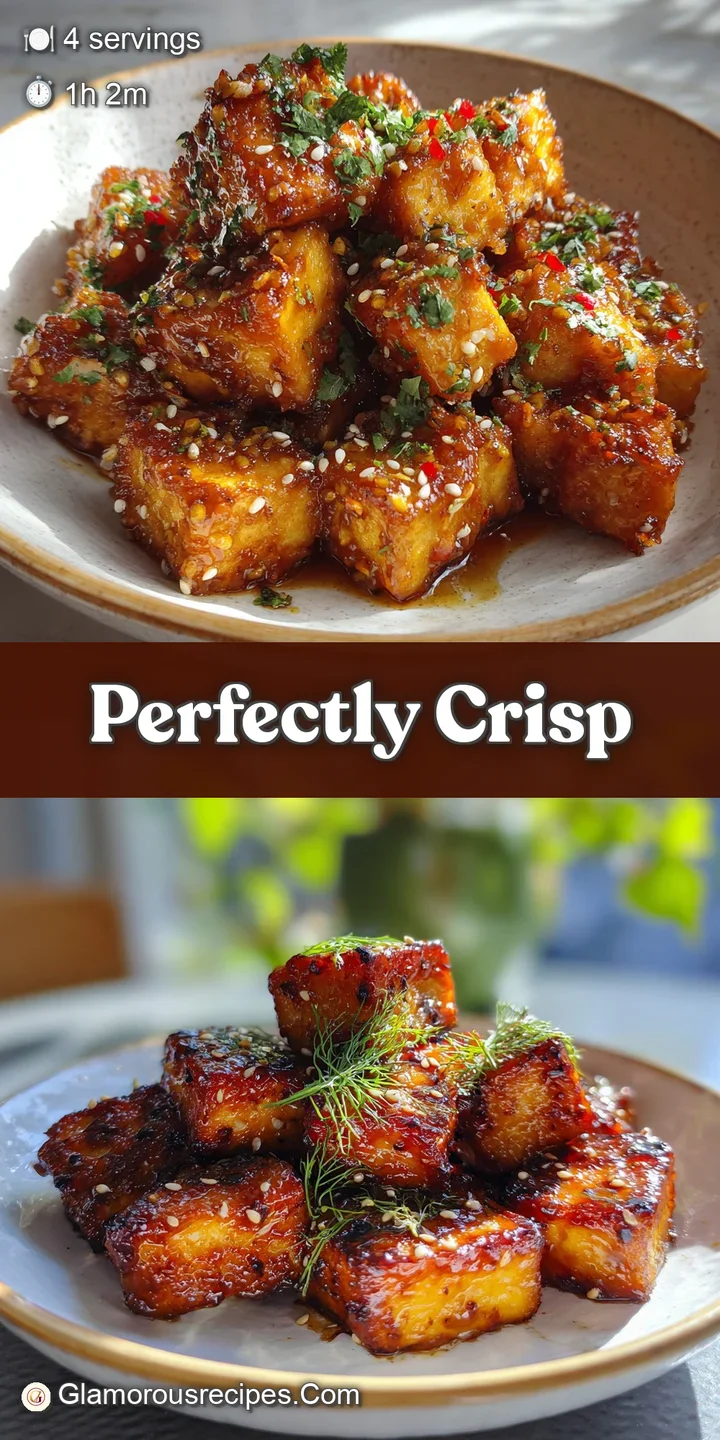 Close-up of crispy-edged tofu glazed in a sticky honey garlic sauce, showing its golden-brown color and tempting texture.