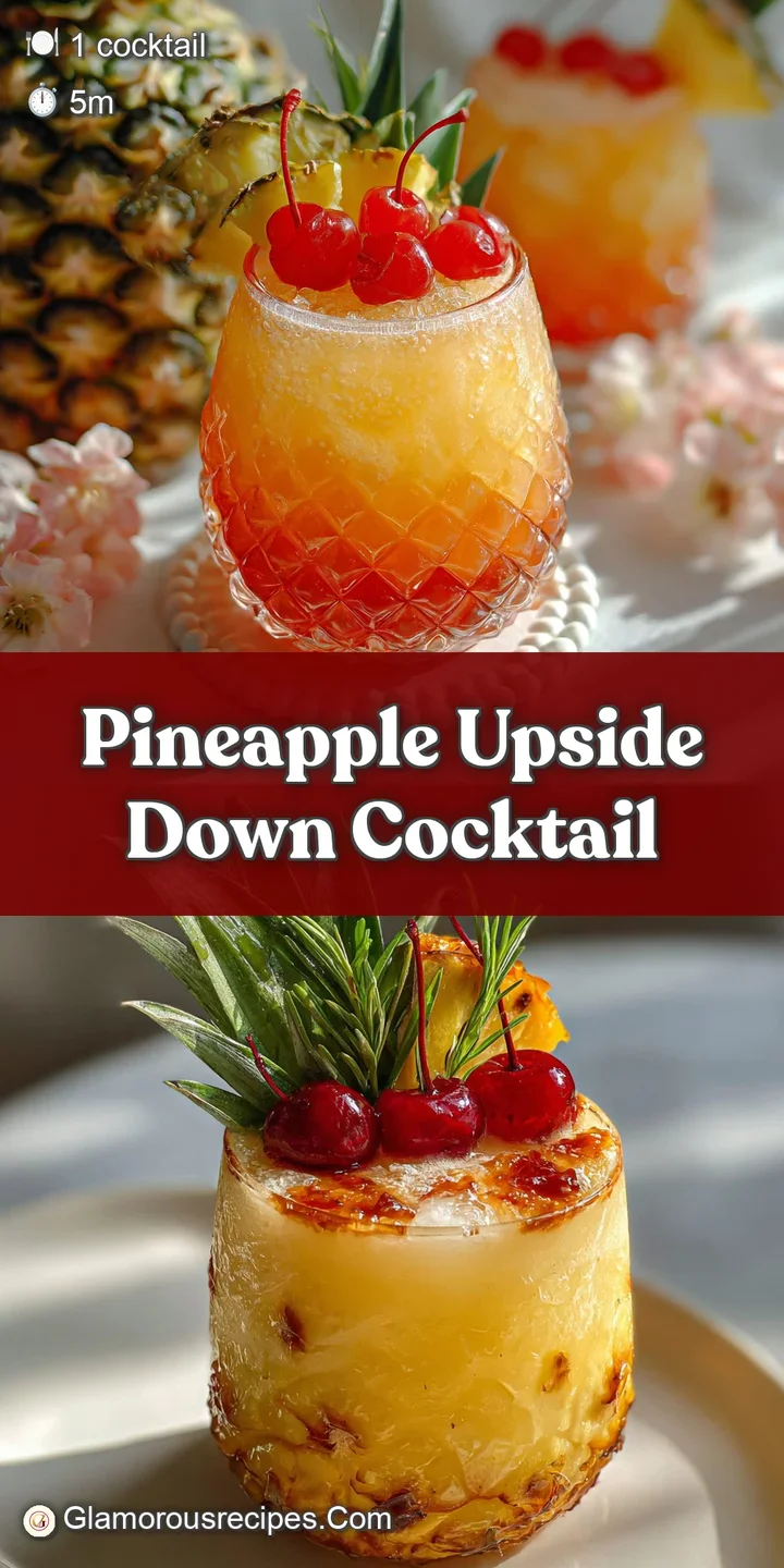 Close-up of pineapple cocktail with juicy pineapple wedge and bright red cherry. Bubbles rise in the amber liquid, invitin...