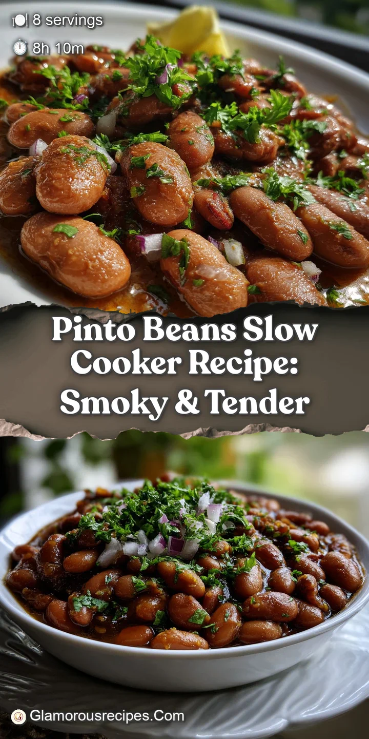 Close-up of soft, plump pinto beans swimming in a rich, savory broth. Glistening surface with hints of spice. An earthy, w...