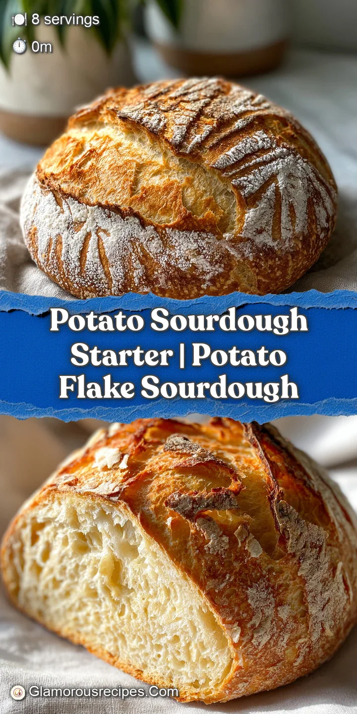 Close-up of bubbly, active potato sourdough starter in a glass jar. Creamy, starchy texture with visible air pockets. Tang...