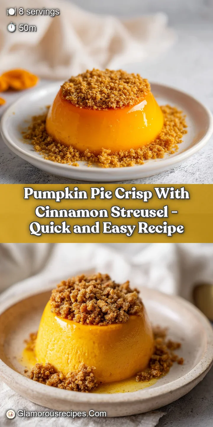 Close-up of golden-brown buttery crumbles atop a creamy, spiced orange filling with a drizzle of cream.