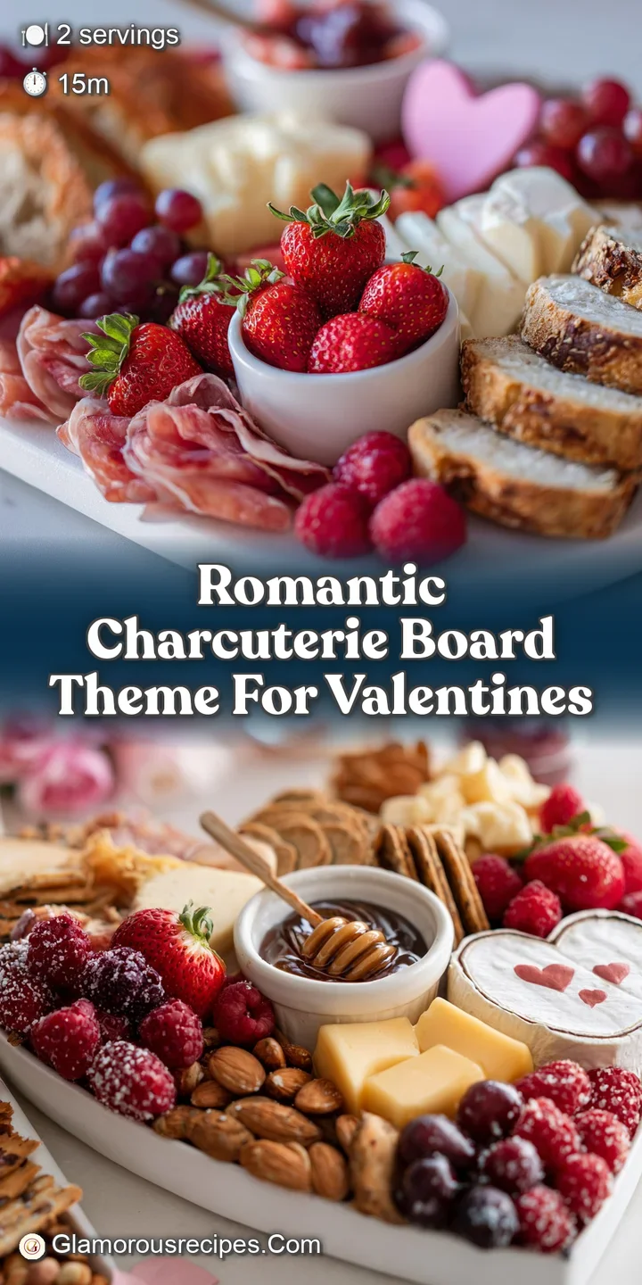 Close-up of a Valentine's board with a wedge of brie drizzled with honey, glistening grapes, and crispy crackers invitingl...