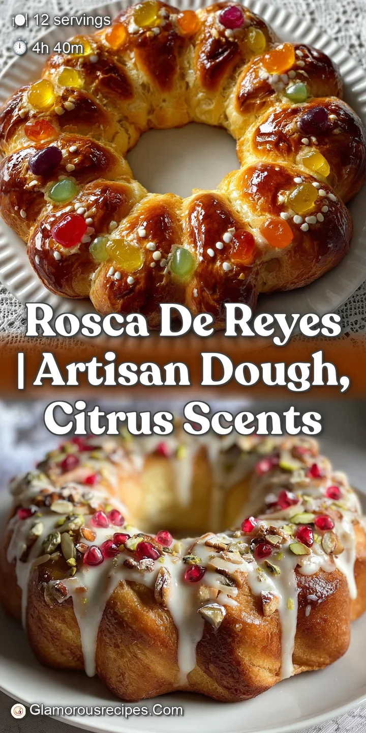 Close-up of Rosca de Reyes: soft, golden crumb, bright candied fruit, and a dusting of sugar, inviting a sweet bite.
