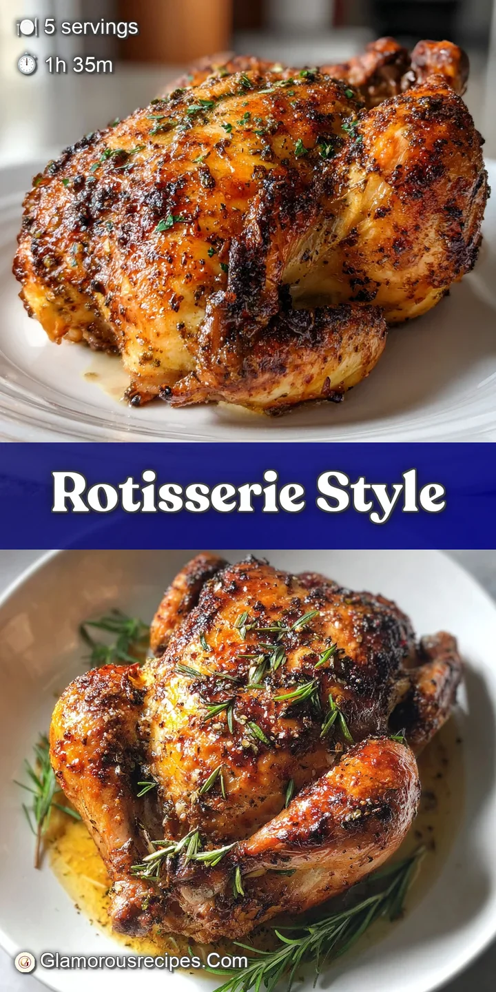 Close-up captures the glistening, deeply browned skin of a roasted chicken, hinting at the juicy meat beneath, alongside v...