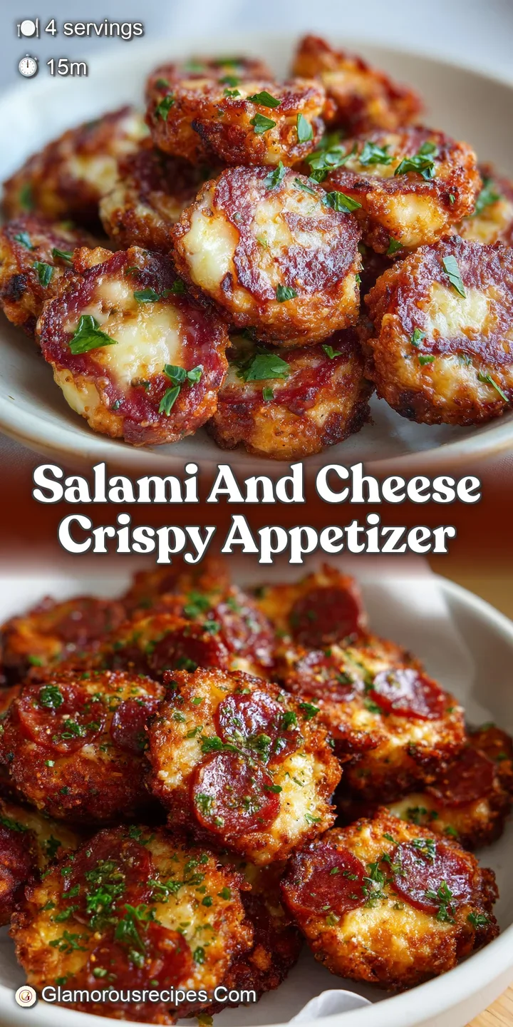 Close-up of golden-brown, crispy salami and cheese; bubbly melted cheese hints at gooey, delicious texture.