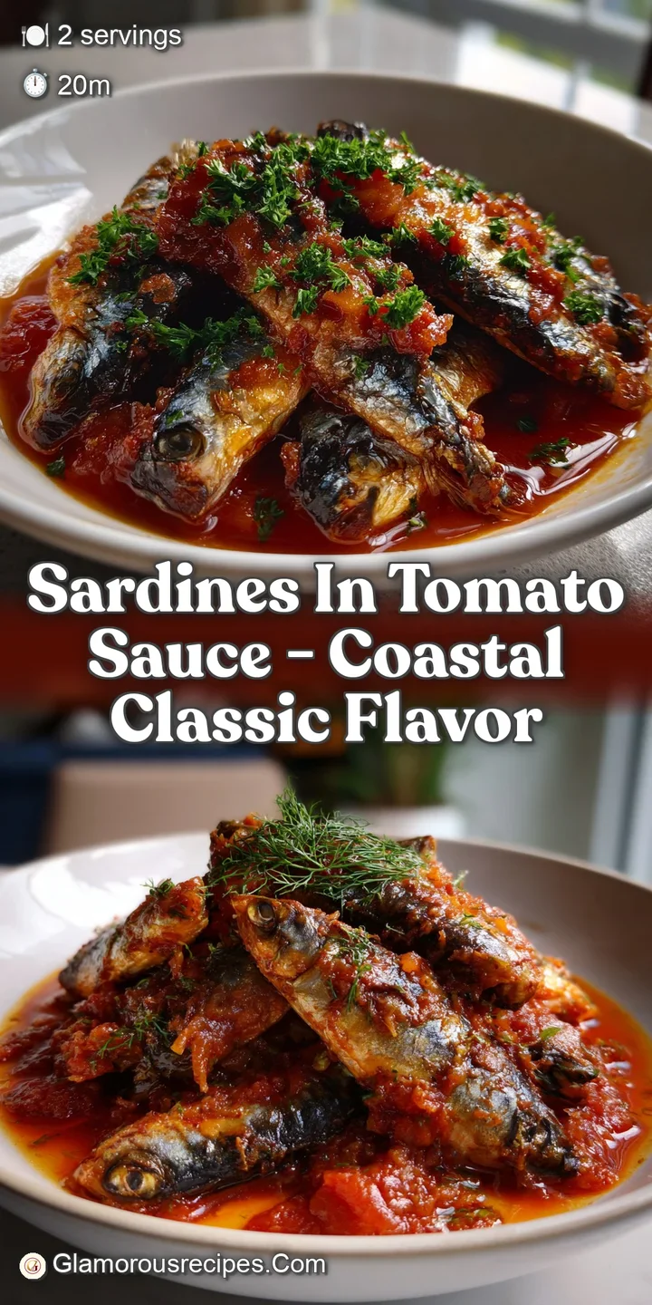 Close-up of flaky sardines enveloped in a thick, glossy tomato sauce. The dish emanates warmth with its rich color and inv...