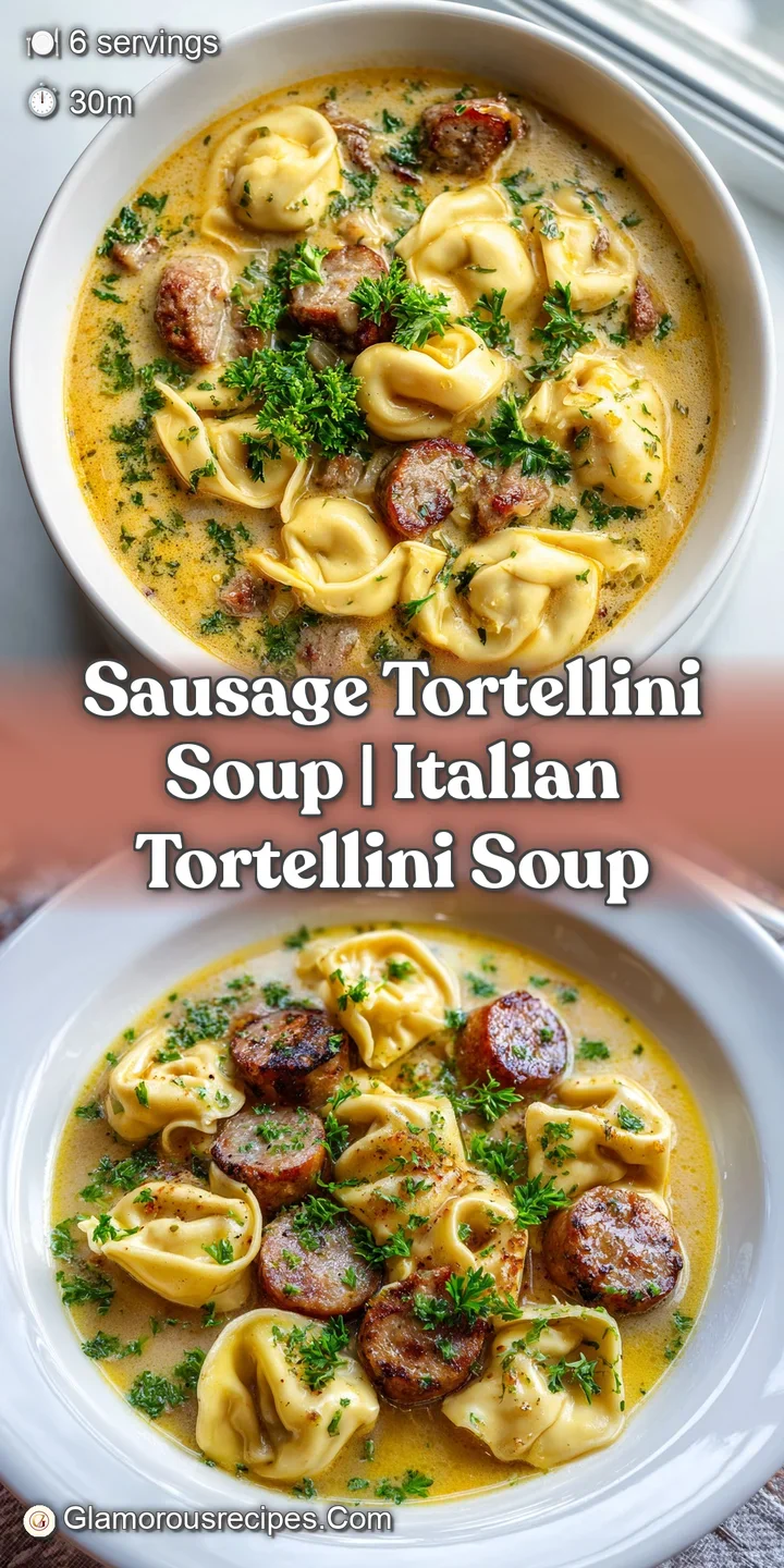 Close-up of a spoonful of velvety white broth, a soft tortellini pasta, and a savory piece of browned sausage.