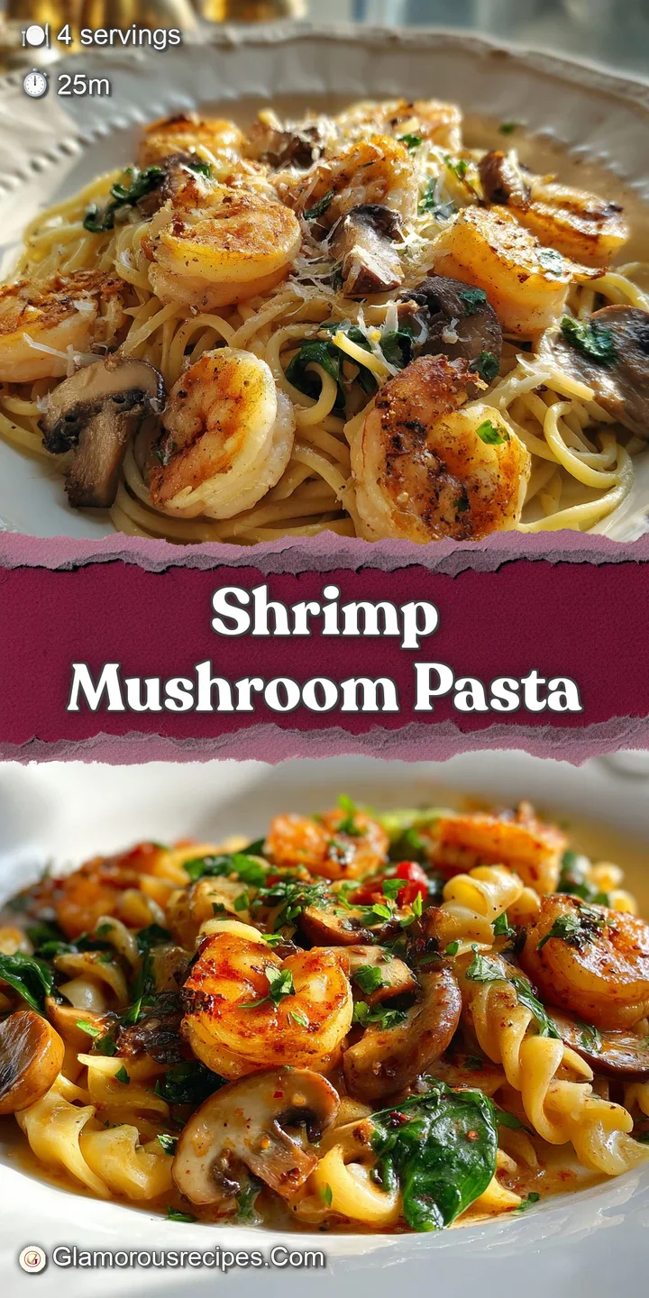 Close-up of glistening shrimp and mushrooms nestled in creamy pasta. Steam suggests a warm, comforting dish with rich garl...