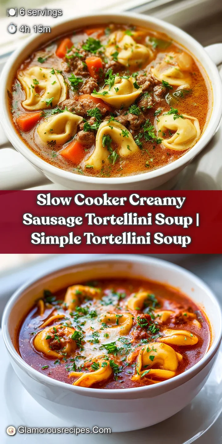 Close-up of tender tortellini and savory sausage in a rich, vibrant broth, hinting at warmth