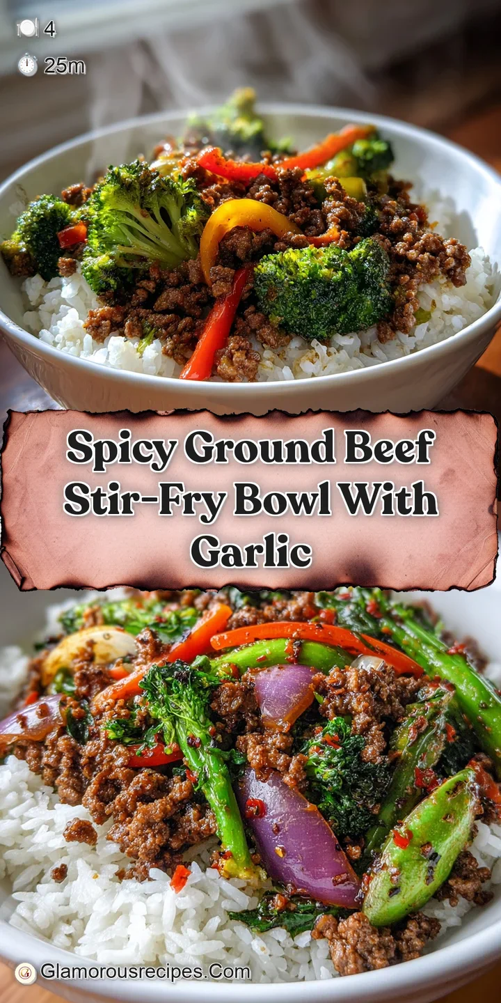 Close-up of the stir-fry: Juicy ground beef with vibrant chili flakes, glossy garlic vegetables, and steaming rice. Irresi...