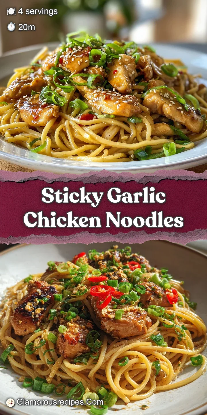 Close-up: sticky, savory noodles coated in a luscious glaze with succulent chicken pieces, promising a flavorful bite.