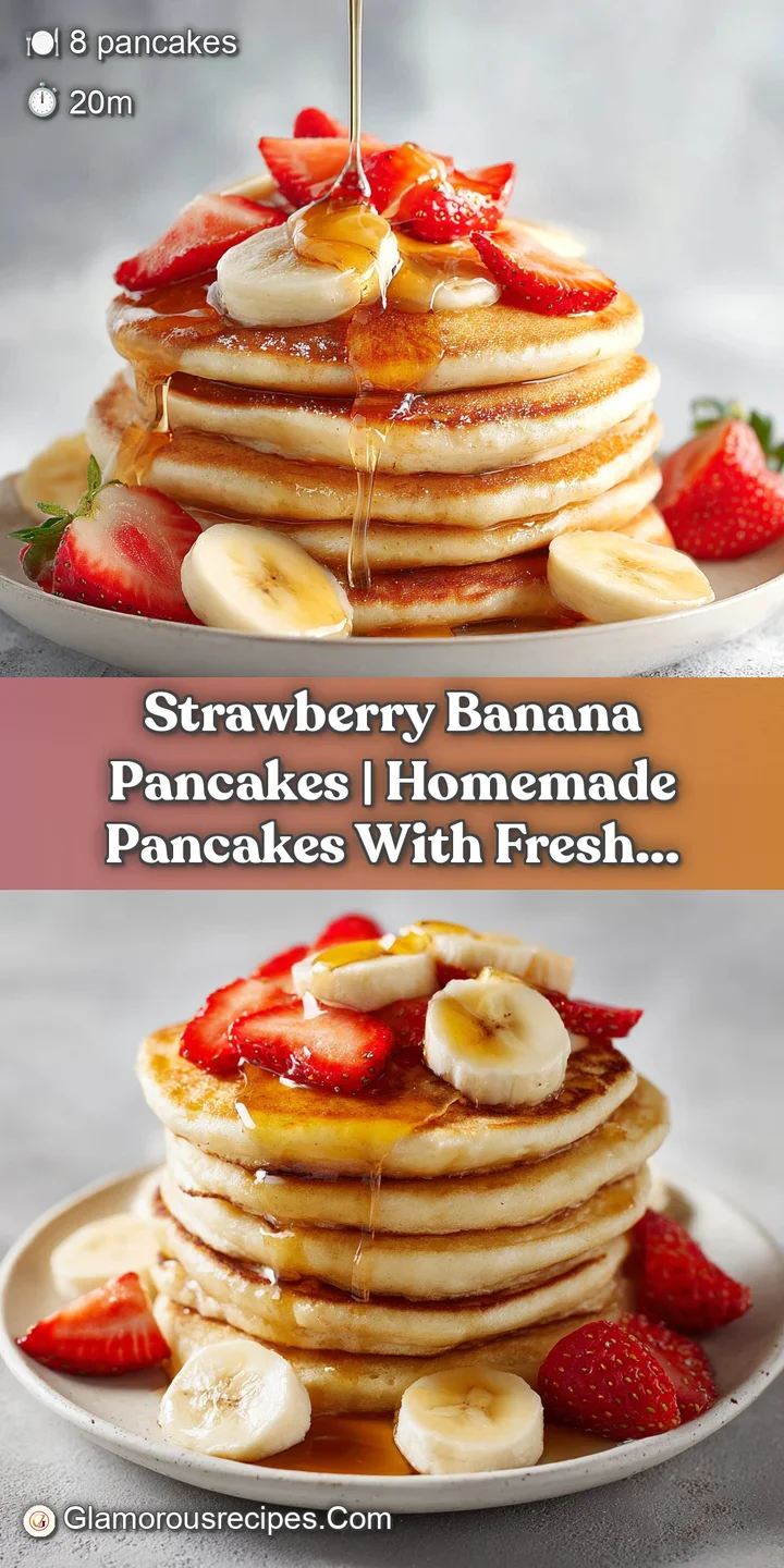 Close-up of glistening maple syrup dripping down a stack of soft pancakes with juicy strawberry slices.