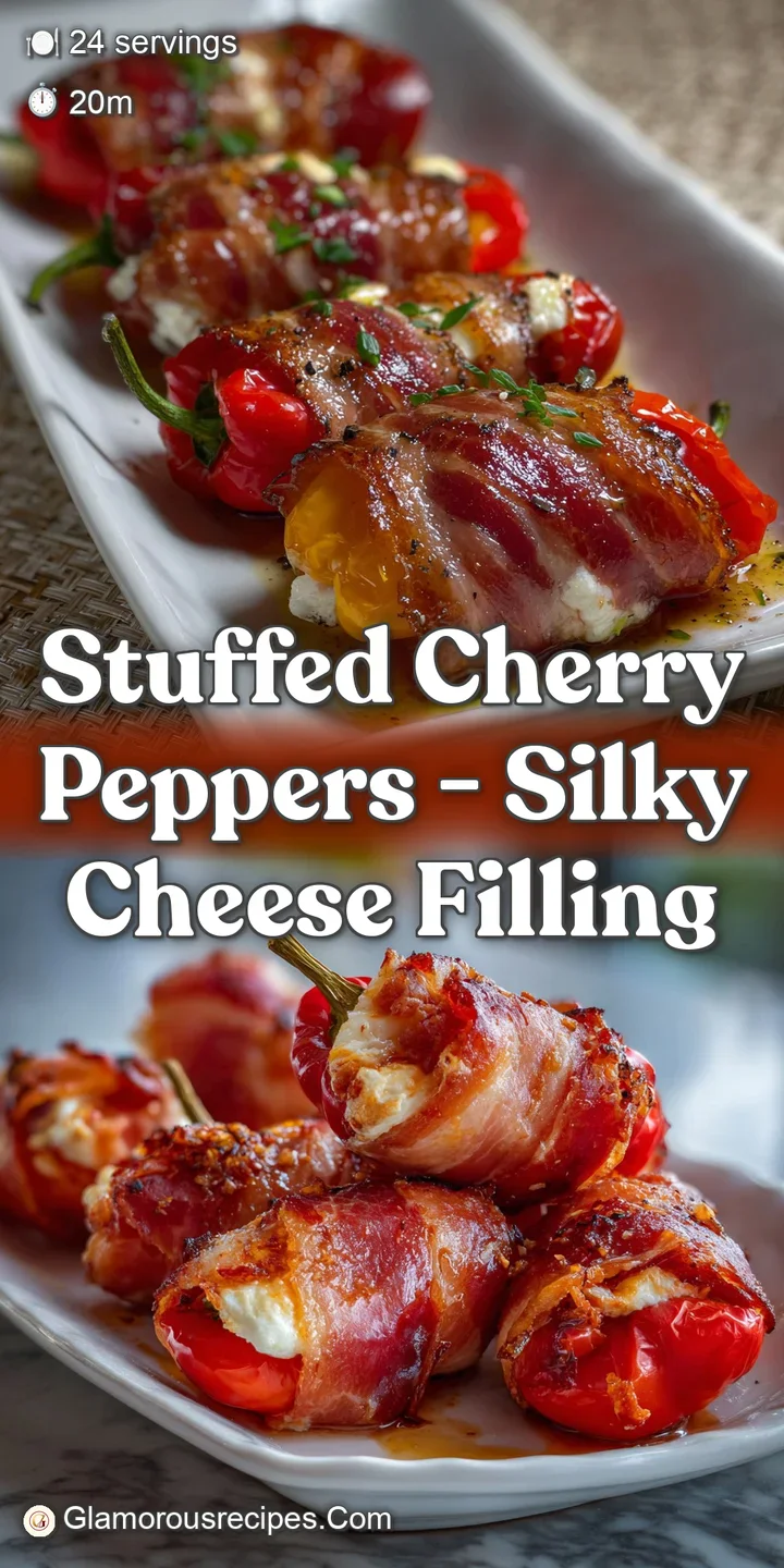 Close-up of a halved, stuffed cherry pepper showing a creamy, herbed cheese filling with a hint of pepper flakes. Delicious!