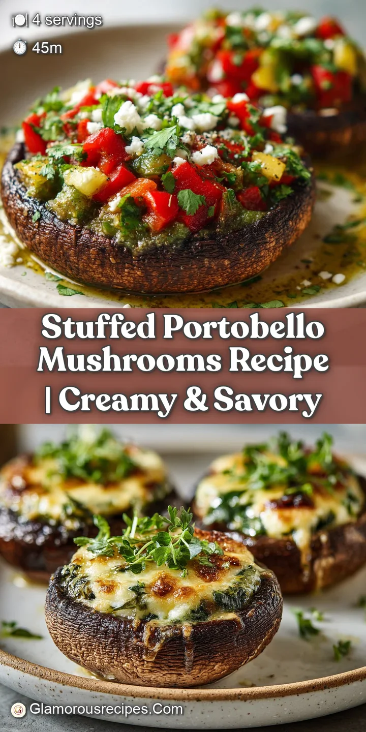 Close-up of a stuffed portobello, revealing the moist, textured filling and a glistening surface hinting at savory, umami ...