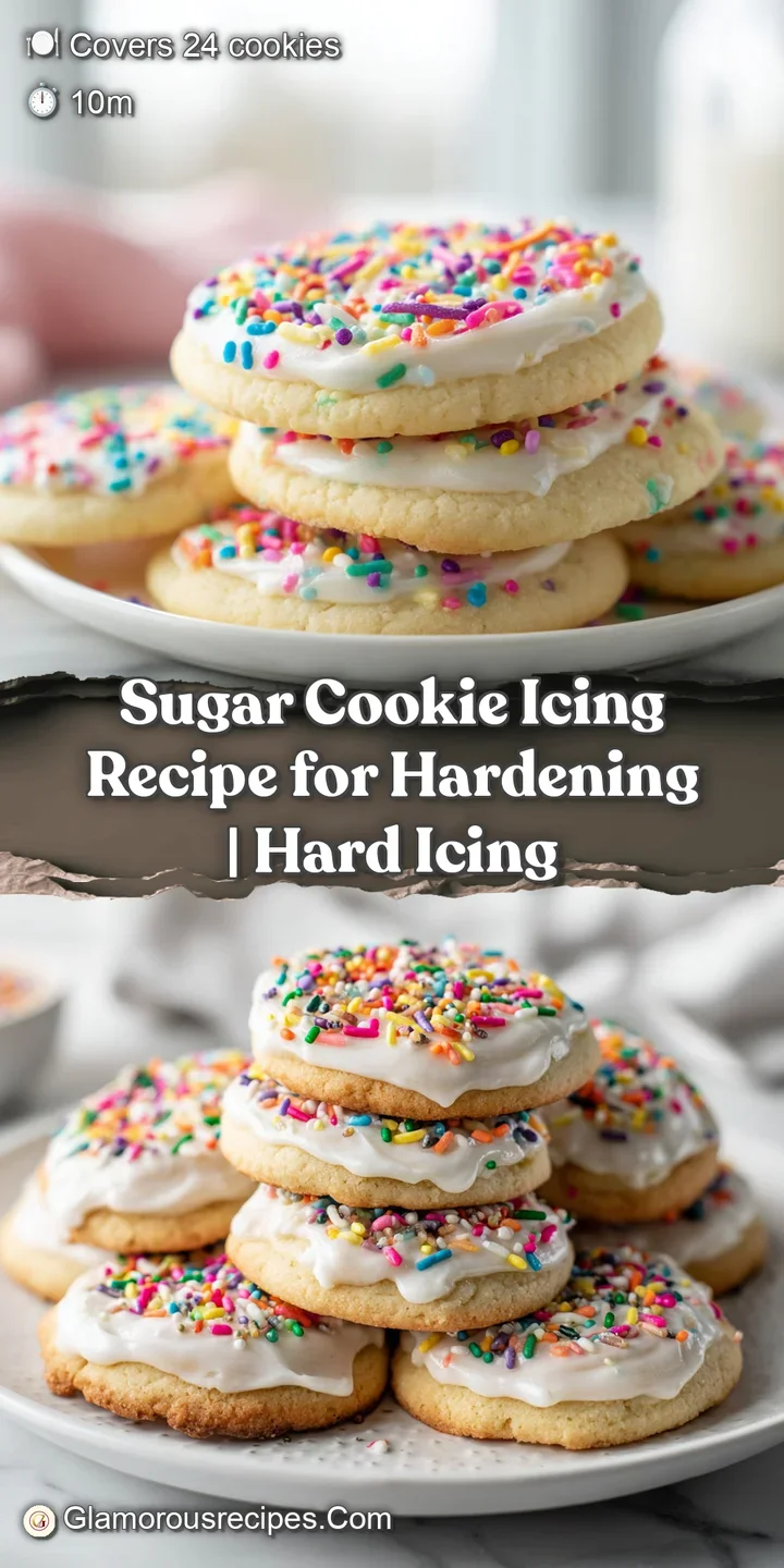 Close-up capturing the smooth, reflective surface of a sugar cookie&rsquo;s hardened icing, sprinkled with iridescent edible gli...