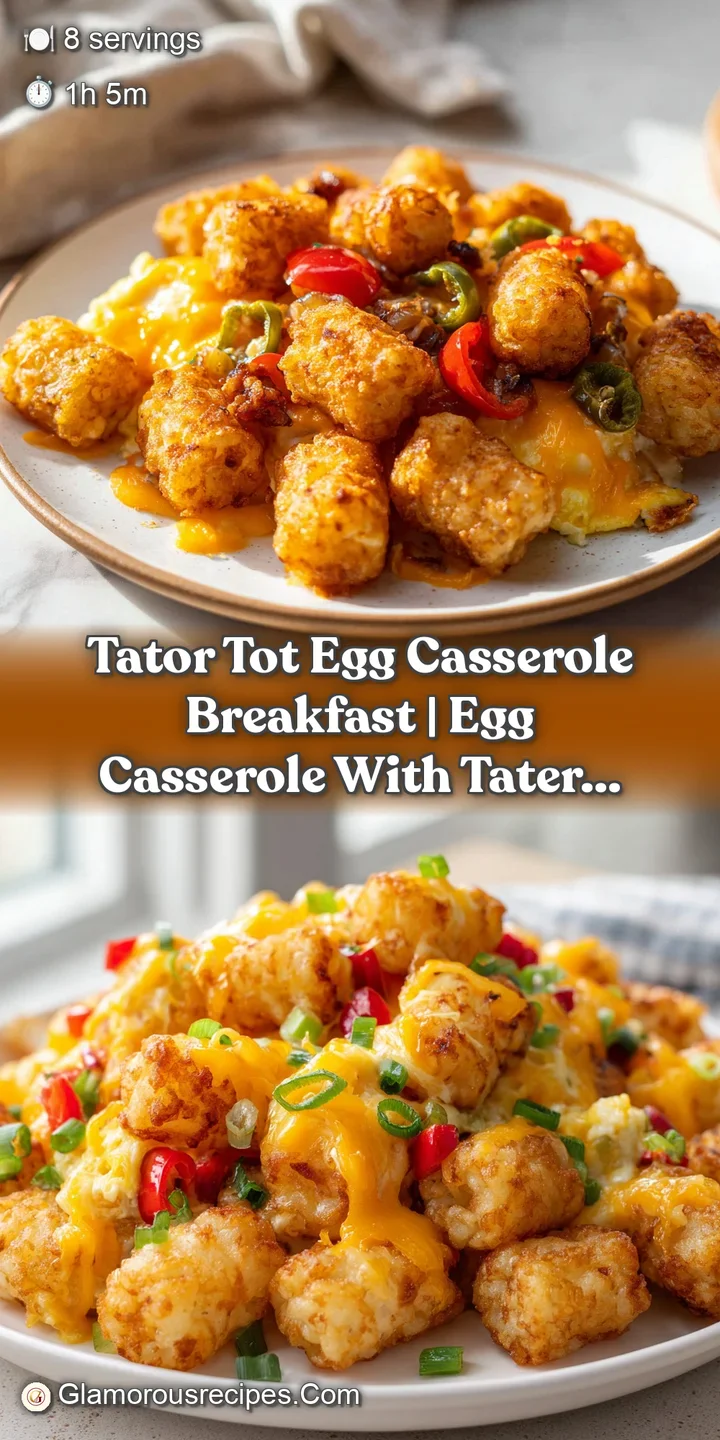 Macro shot of crispy golden potato nuggets embedded in fluffy baked eggs and gooey, melted golden cheddar cheese.