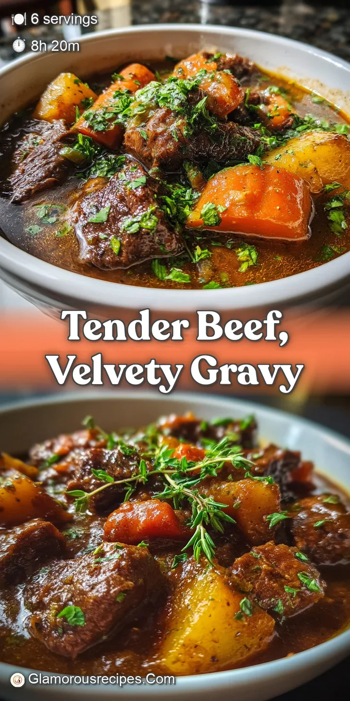 Close-up of beef stew reveals the tender texture of the beef and vegetables, swimming in a luscious, velvety brown gravy.