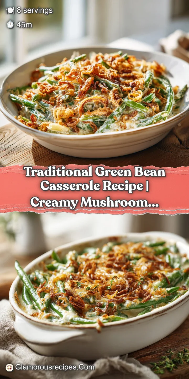 Close-up of tender green beans coated in rich, creamy mushroom sauce with a sprinkle of crispy fried shallots.