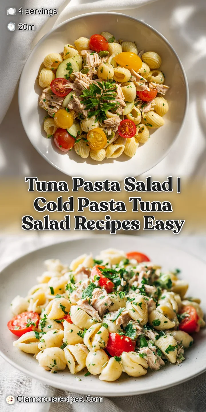 Close-up of tender pasta intertwined with chunks of albacore tuna, bright peas, and slivers of red bell pepper.