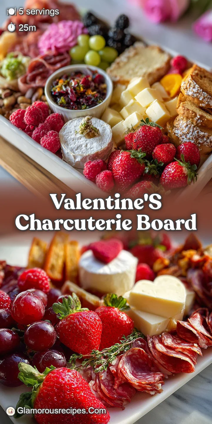 Close-up of a Valentine's Day charcuterie board with creamy brie, salty prosciutto, and juicy red strawberries. Textural d...
