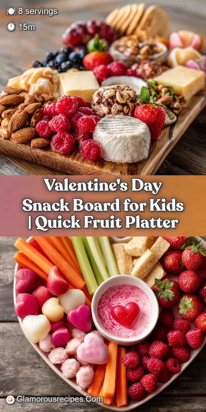 Vibrant and playful snack board with heart-shaped food arranged for Valentine's Day, a healthy treat for kids, visually ap...