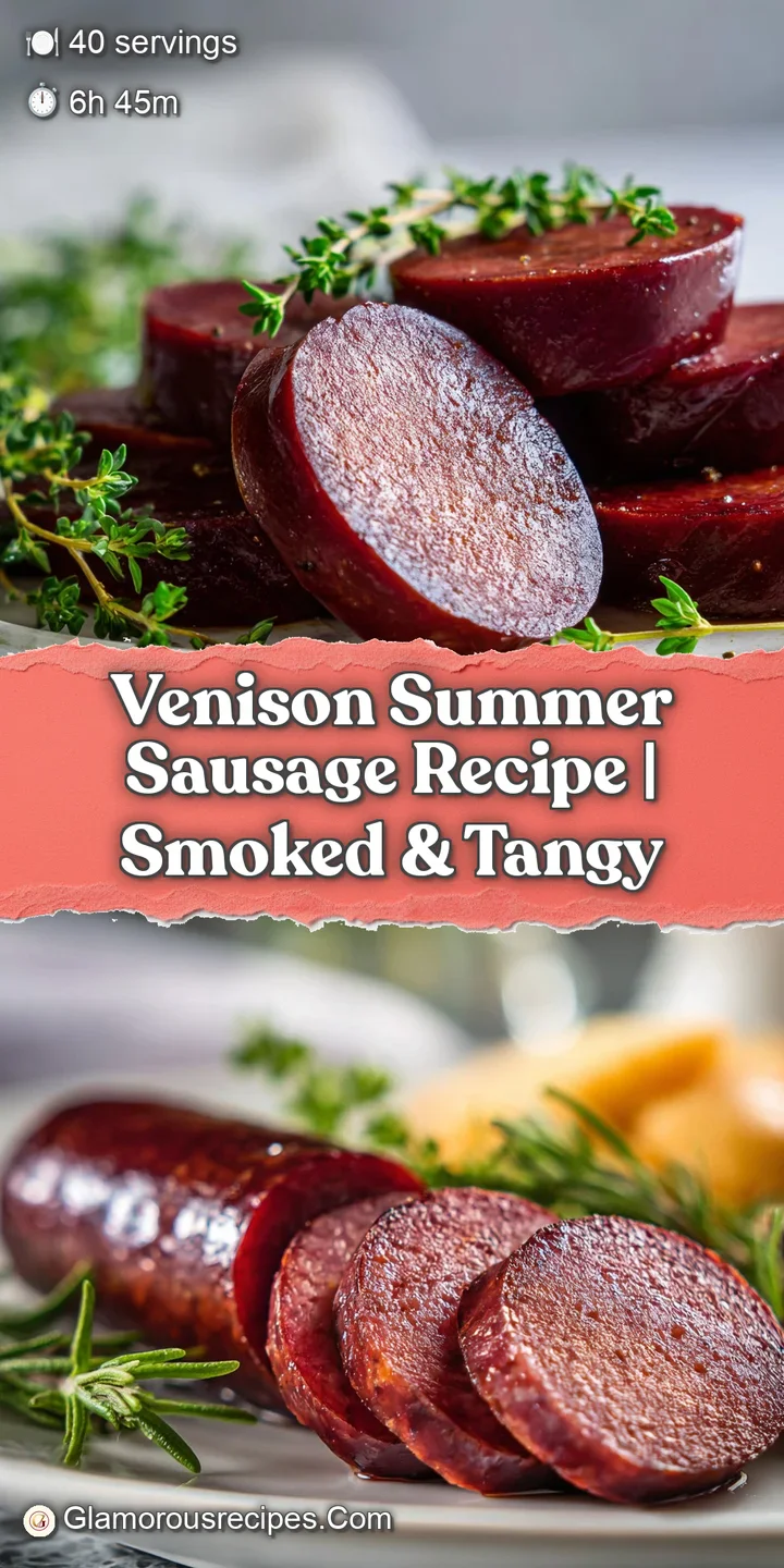 Close-up reveals the coarse texture and deep color of the venison sausage, hinting at smoky and tangy flavors, ready for a...