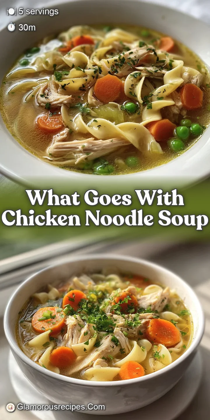 Close-up of chicken noodle soup: plump noodles, tender chicken, & vibrant veggies swimming in a rich, clear broth.