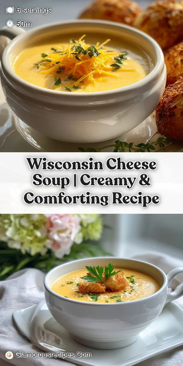 Close-up of thick Wisconsin cheese soup revealing a velvety texture, flecks of herbs, and golden hues. Inviting warmth and...