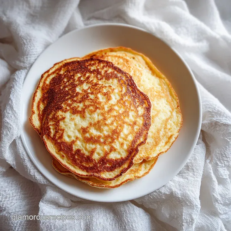 Three light and airy keto pancakes artfully arranged, topped with a dusting of powdered sweetener and fresh berries.