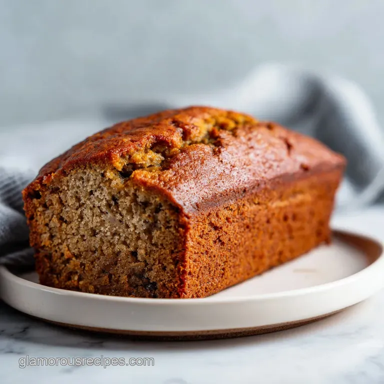 A slice of moist banana bread artfully arranged with a dusting of powdered sugar and a few fresh berries.