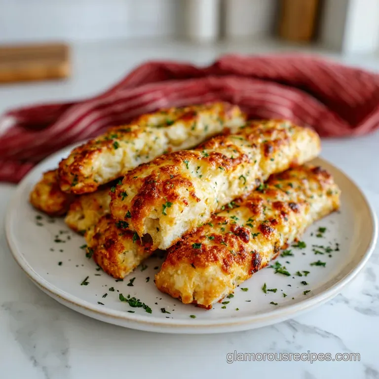 Crispy, golden breadsticks stacked artfully with a small dish of marinara for dipping.