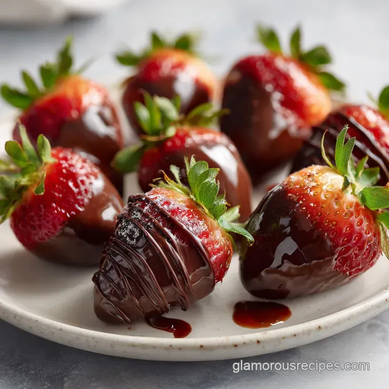 Elegant tower of chocolate-covered strawberries, alternating dark and white chocolate drizzle. Festive & celebratory.