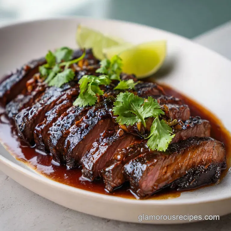 Sliced grilled beef on a wooden board with corn tortillas, sliced avocado, and bright red radish garnishes.