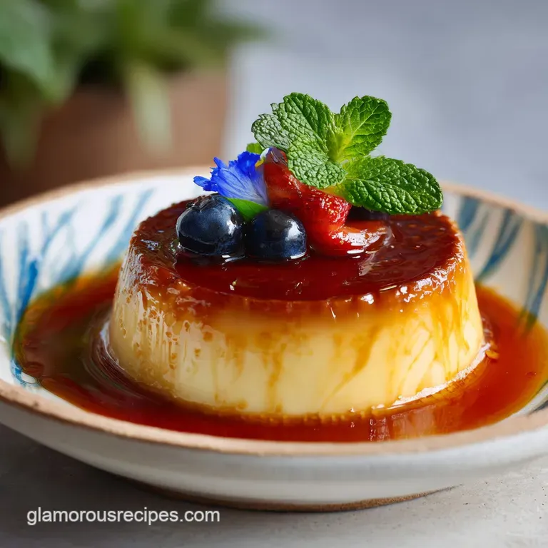 A single slice of flan, bathed in amber caramel, rests on a pristine white plate with a berry accent.