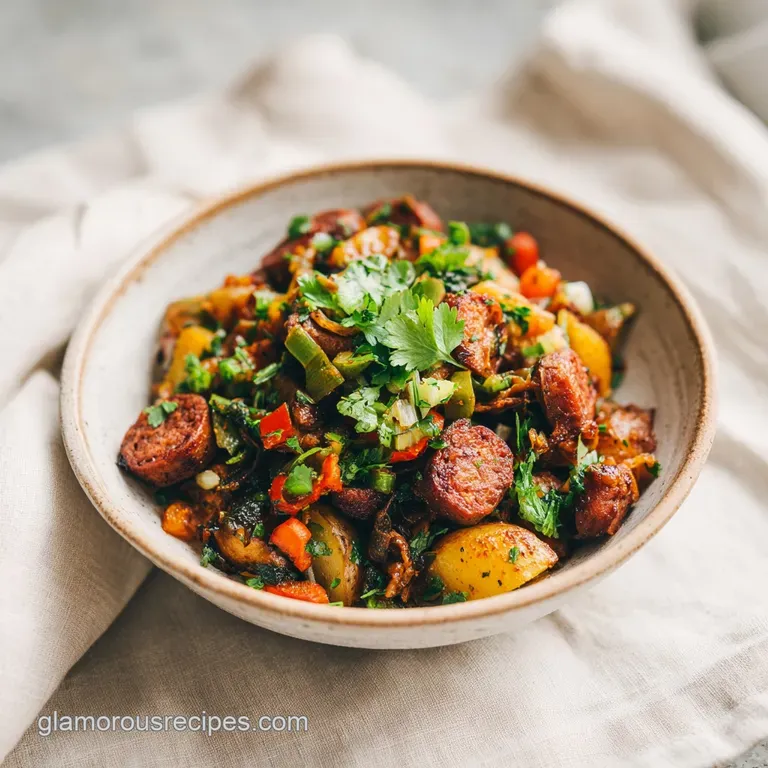 A perfectly portioned swirl of chorizo and potato mixture, topped with a dollop of cool sour cream and cilantro.