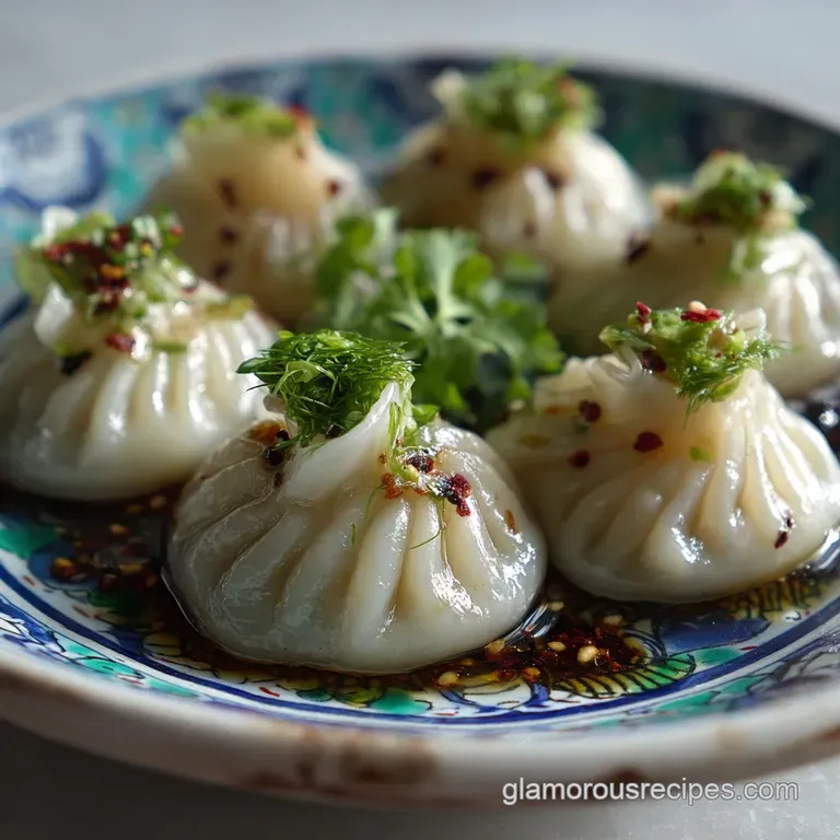 Neatly arranged Thai dumplings, glistening & topped with vibrant greens, presented on a clean white plate with dipping sauce.