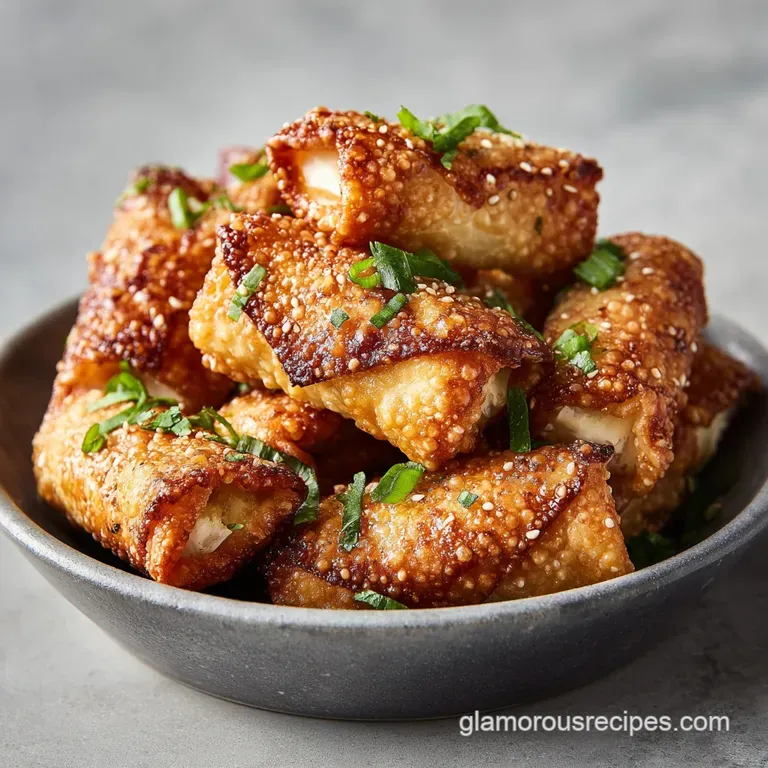 Delicate baked rangoon rolls drizzled with a sweet glaze, served on a clean white plate.