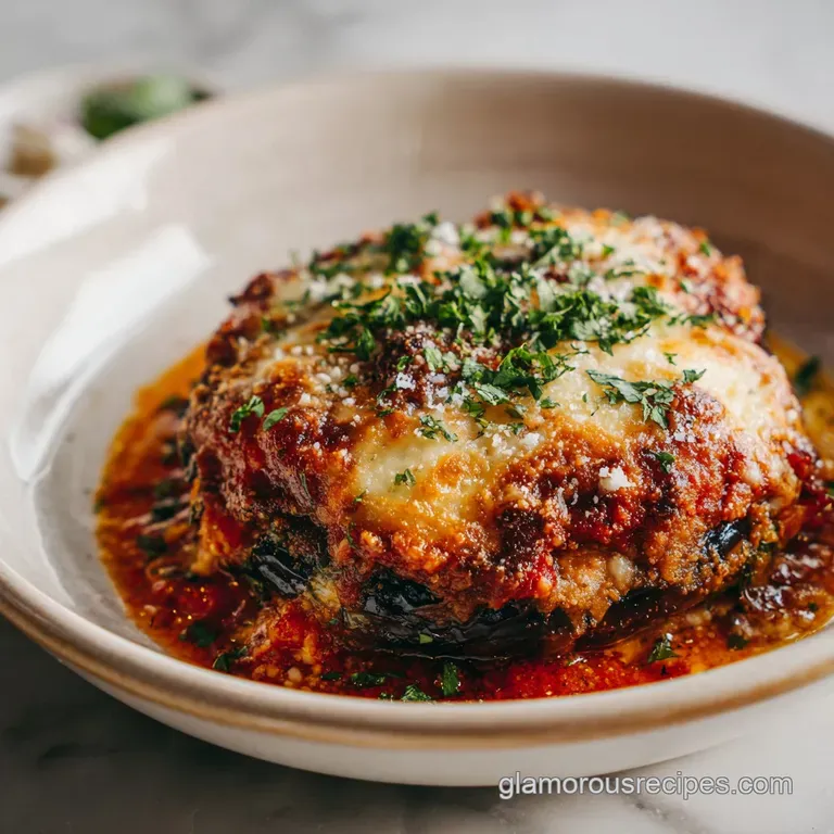 Slices of layered eggplant parmesan on a white plate, steam rising, basil garnish. Rustic Italian comfort food elevated.