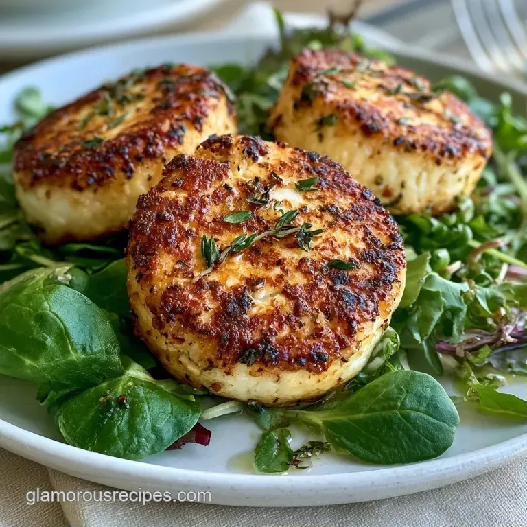 Vibrant mixed greens on a wide ceramic platter centered by a warm, gooey cheese round topped with fresh thyme.
