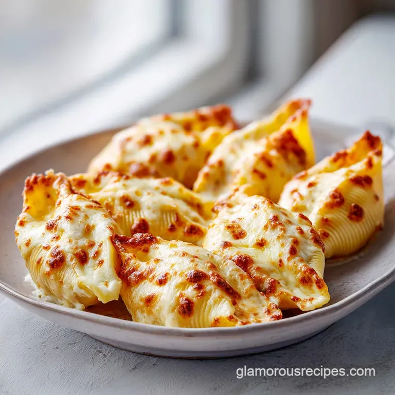 Three cheesy pasta shells nestled in rich red sauce, garnished with a sprig of fresh green basil on a white plate.