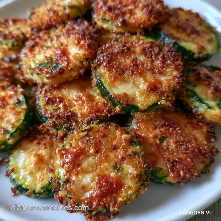 Sliced zucchini with a toasted cheese crust arranged elegantly on a white plate with a sprig of fresh green basil.