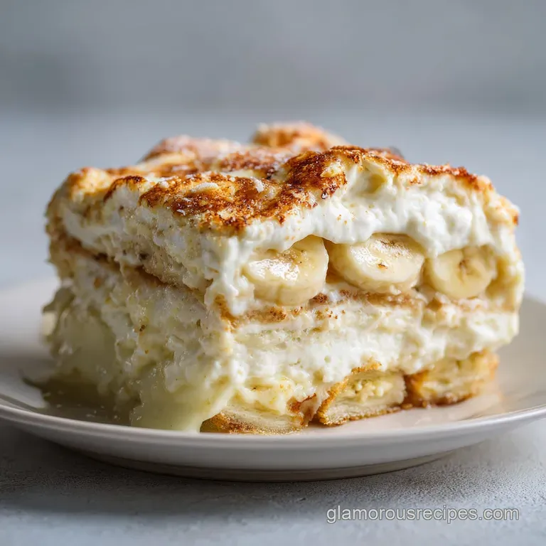A generous slice of banana pudding lasagna showcases its distinct pudding and wafer layers, garnished with a fresh banana ...