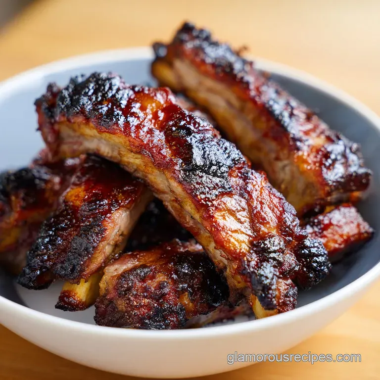 Neatly stacked ribs with a glossy red glaze, paired with bright coleslaw and corn on a white ceramic plate.