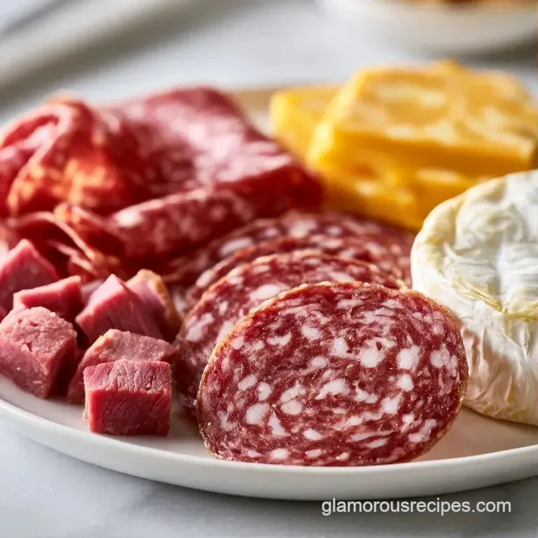 An artfully arranged spread of sliced cured meats, creamy brie, and toasted crackers on a dark slate board.