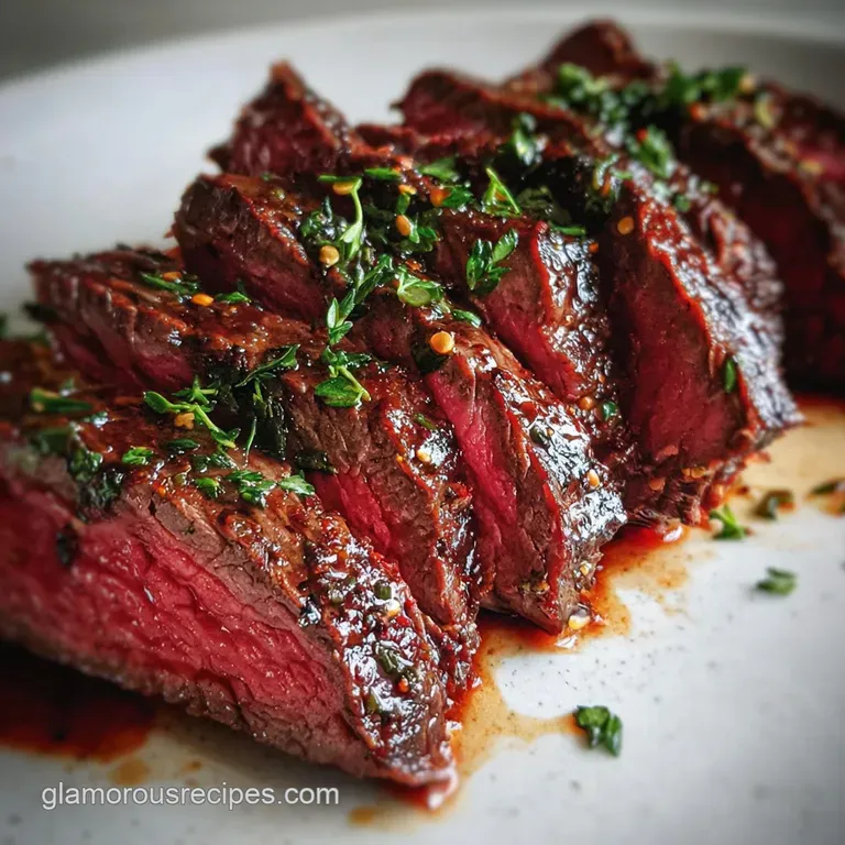 Perfectly pan-seared steak slices artfully arranged on a white plate, drizzled with pan sauce, next to a sprig of fresh ro...