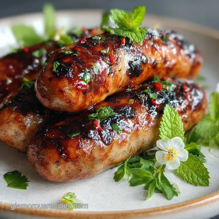 Plated Italian sausage and peppers with a sprinkle of herbs. The sausage shows a crisp exterior and juicy interior.