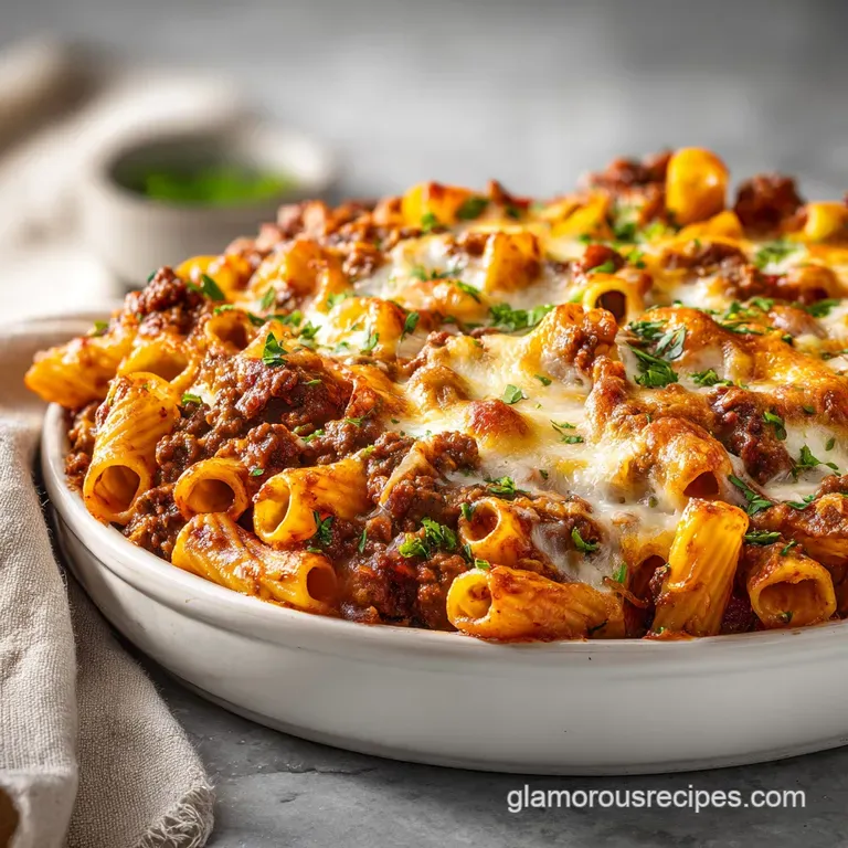Single serving of beef rigatoni bake, showcasing browned cheese, juicy meat, and vibrant tomato sauce on white plate.
