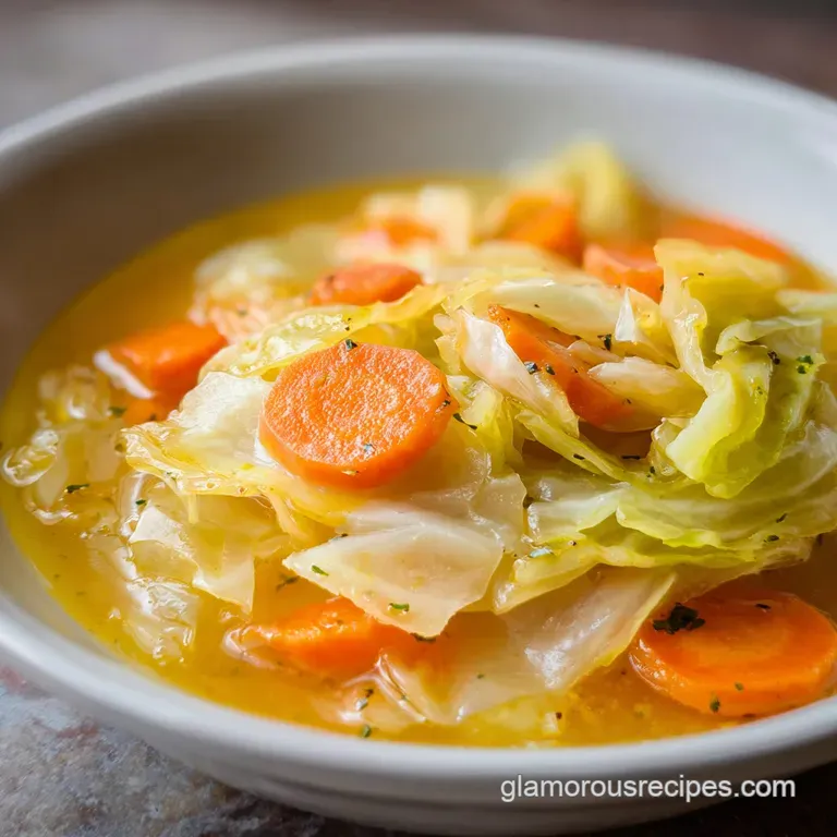 A white ceramic bowl of vegetable soup with shimmering broth and a sprinkle of fresh green parsley on top.
