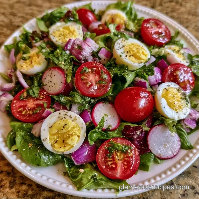Fresh greens and sunny yellow blossoms arranged artfully with white goat cheese on a matte gray stoneware platter.
